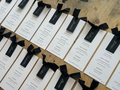 Place Card Wedding Menu with Ribbon | Skinny Printed Calligraphy Menu: Mini Place Card