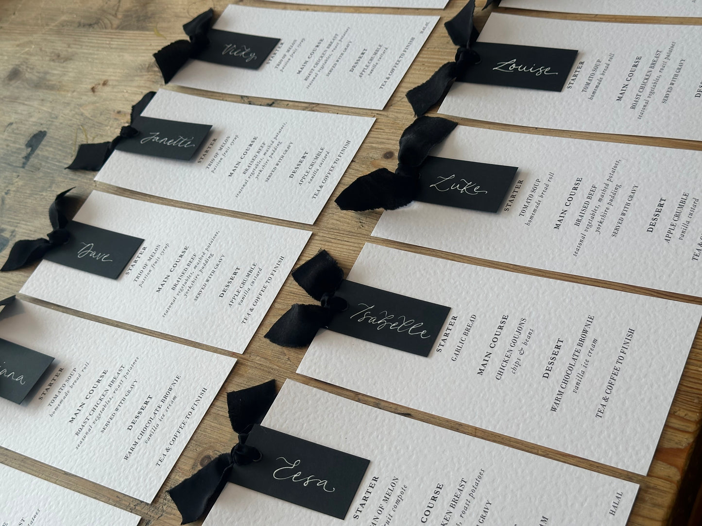 Place Card Wedding Menu with Ribbon | Skinny Printed Calligraphy Menu: Mini Place Card