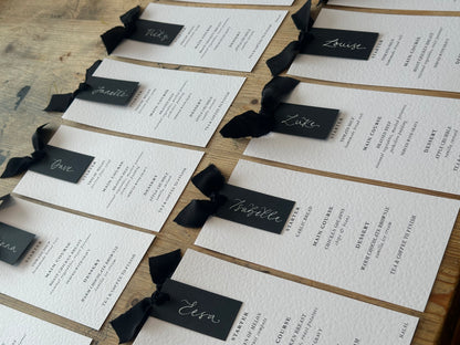 Place Card Wedding Menu with Ribbon | Skinny Printed Calligraphy Menu: Mini Place Card
