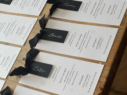 Place Card Wedding Menu with Ribbon | Skinny Printed Calligraphy Menu: Mini Place Card