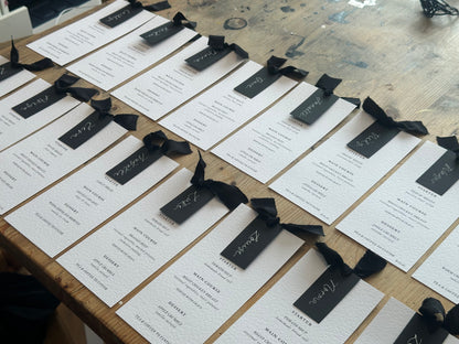 Place Card Wedding Menu with Ribbon | Skinny Printed Calligraphy Menu: Mini Place Card