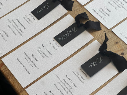 Place Card Wedding Menu with Ribbon | Skinny Printed Calligraphy Menu: Mini Place Card