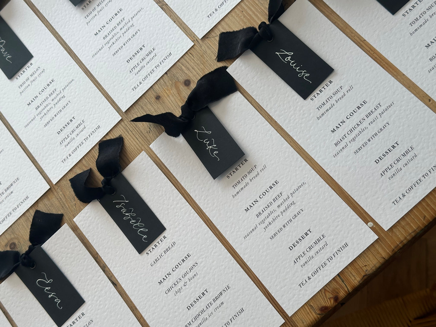 Place Card Wedding Menu with Ribbon | Skinny Printed Calligraphy Menu: Mini Place Card