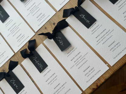 Place Card Wedding Menu with Ribbon | Skinny Printed Calligraphy Menu: Mini Place Card