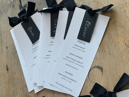 Place Card Wedding Menu with Ribbon | Skinny Printed Calligraphy Menu: Mini Place Card
