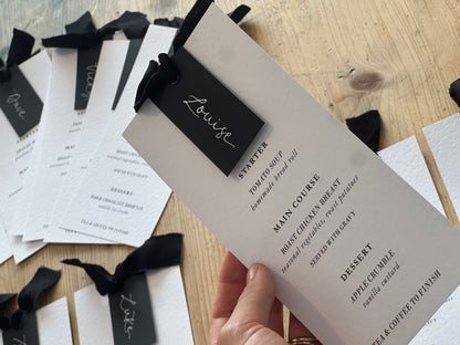 Place Card Wedding Menu with Ribbon | Skinny Printed Calligraphy Menu: Mini Place Card