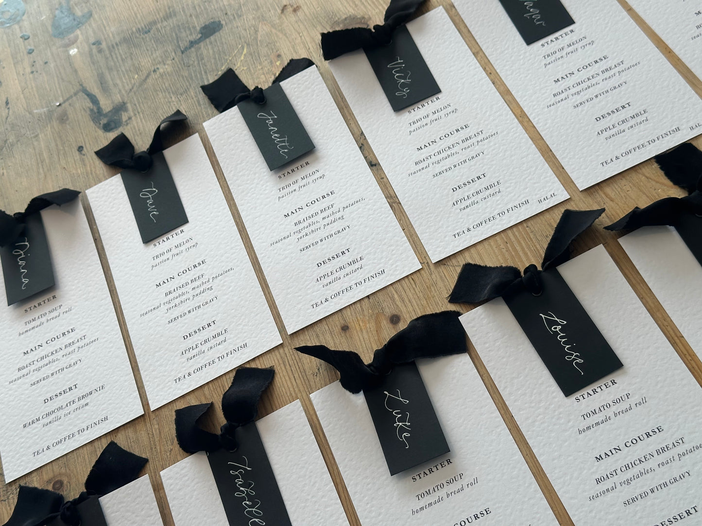 Place Card Wedding Menu with Ribbon | Skinny Printed Calligraphy Menu: Mini Place Card