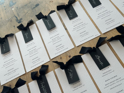 Place Card Wedding Menu with Ribbon | Skinny Printed Calligraphy Menu: Mini Place Card