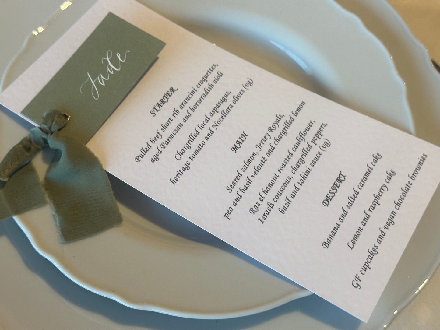 Place Card Wedding Menu with Ribbon | Skinny Printed Calligraphy Menu: Mini Place Card