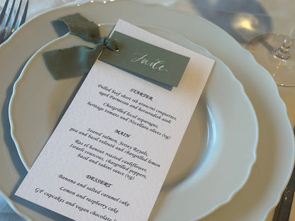 Place Card Wedding Menu with Ribbon | Skinny Printed Calligraphy Menu: Mini Place Card