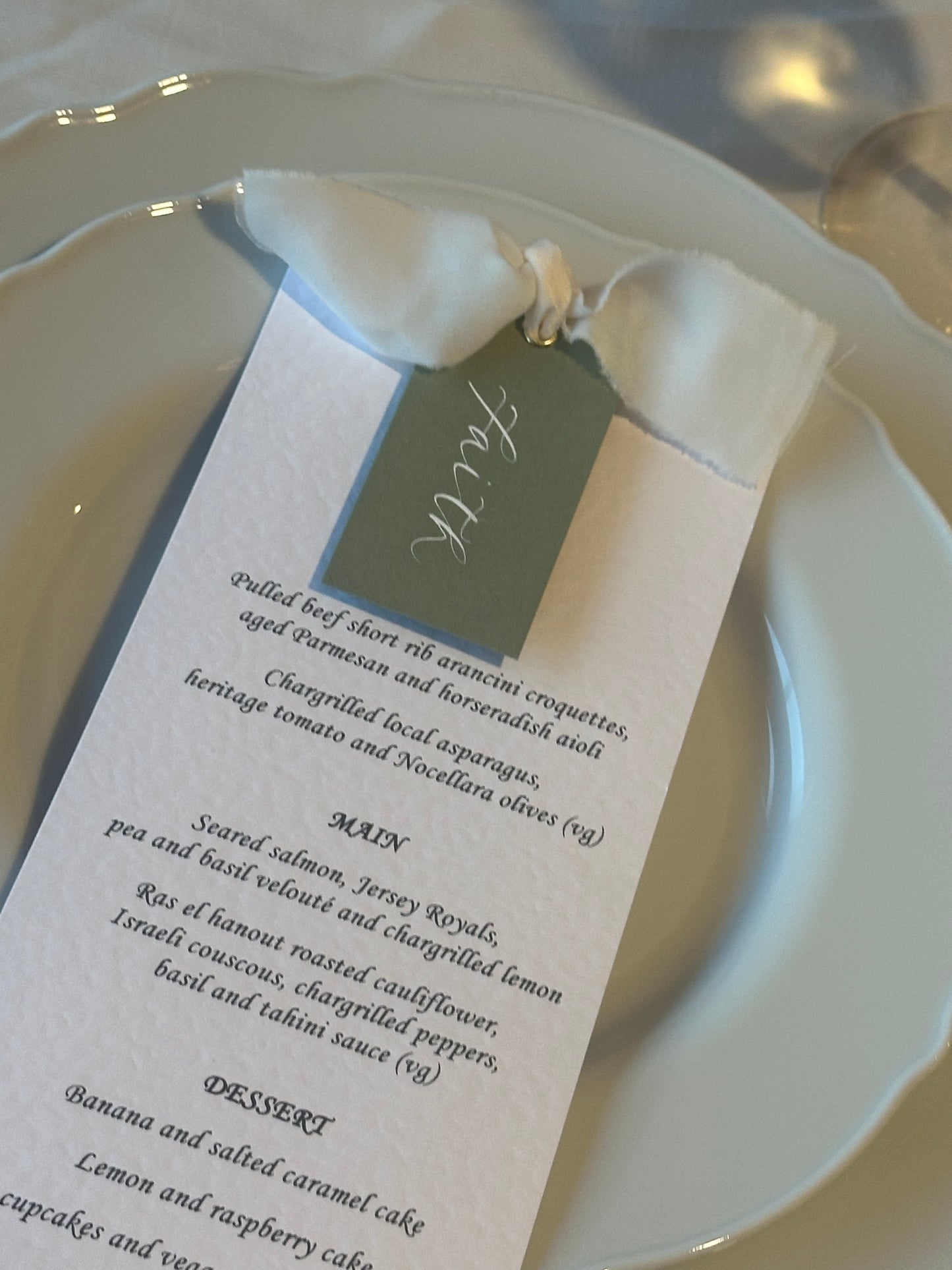 Place Card Wedding Menu with Ribbon | Skinny Printed Calligraphy Menu: Mini Place Card