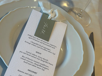Place Card Wedding Menu with Ribbon | Skinny Printed Calligraphy Menu: Mini Place Card