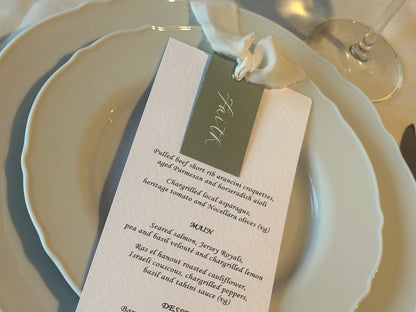 Place Card Wedding Menu with Ribbon | Skinny Printed Calligraphy Menu: Mini Place Card