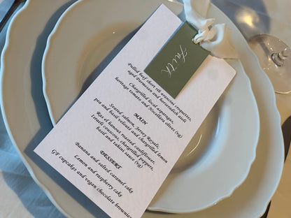 Place Card Wedding Menu with Ribbon | Skinny Printed Calligraphy Menu: Mini Place Card