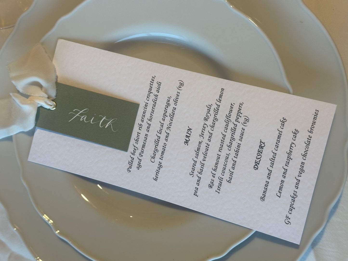 Place Card Wedding Menu with Ribbon | Skinny Printed Calligraphy Menu: Mini Place Card