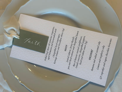 Place Card Wedding Menu with Ribbon | Skinny Printed Calligraphy Menu: Mini Place Card