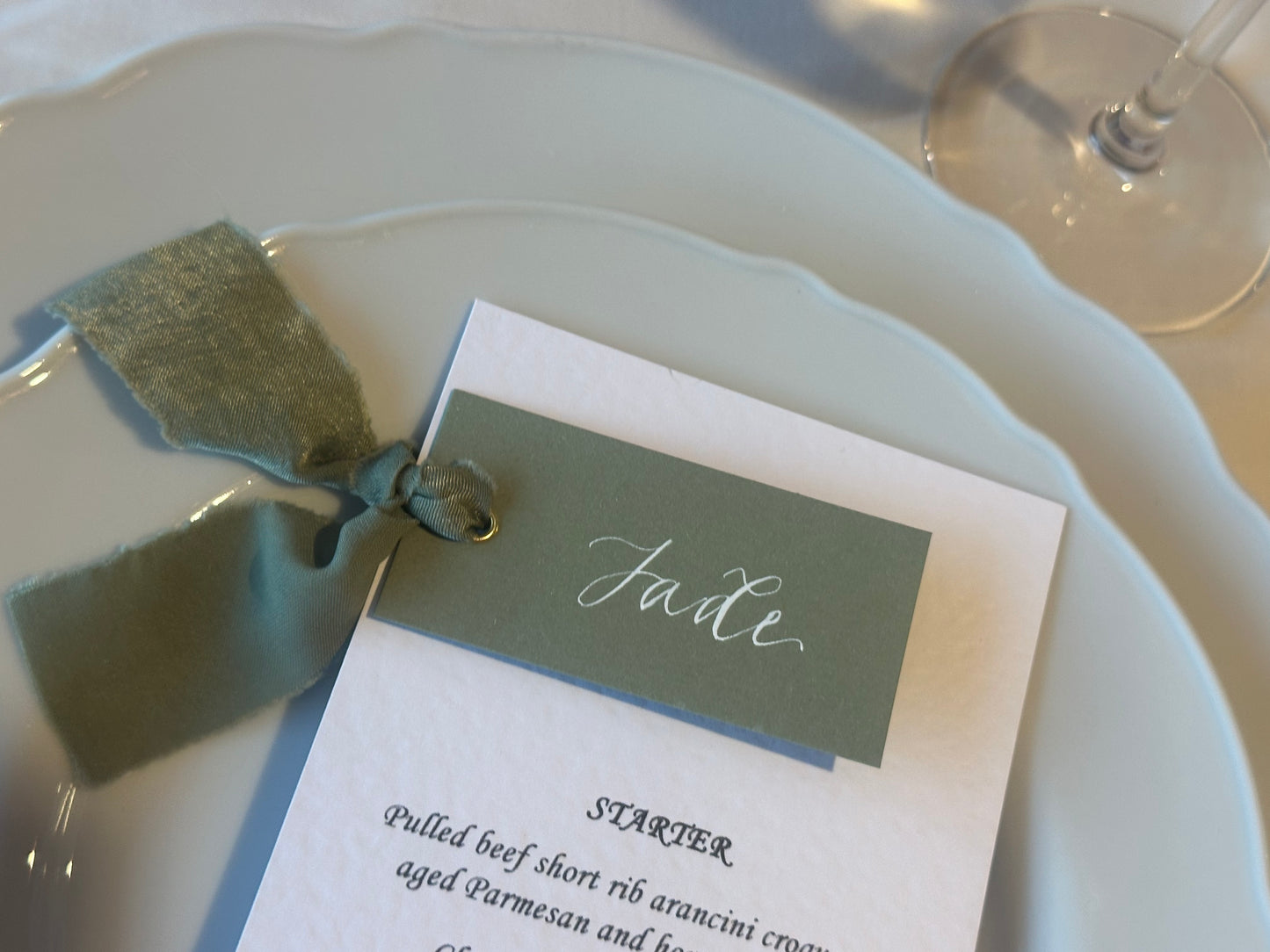 Place Card Wedding Menu with Ribbon | Skinny Printed Calligraphy Menu: Mini Place Card