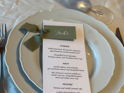 Place Card Wedding Menu with Ribbon | Skinny Printed Calligraphy Menu: Mini Place Card