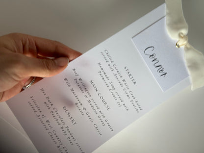 CHAMPAGNE Chiffon Place Card Printed Calligraphy Ribbon Menu | Custom Printed Calligraphy Wedding Menu Card | Gold or Silver Eyelet Menu