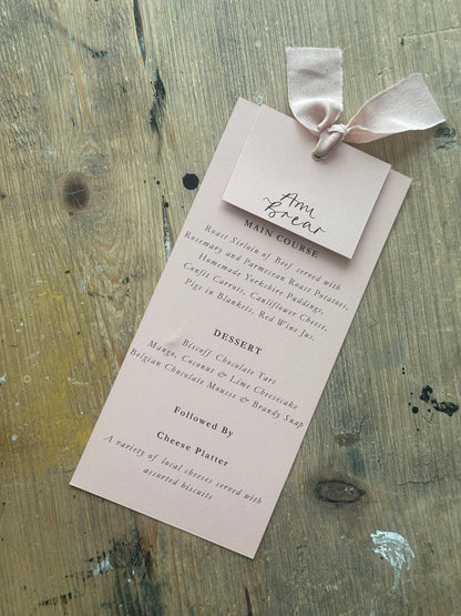 Place Card Wedding Menu with Ribbon | Skinny Printed Calligraphy Menu