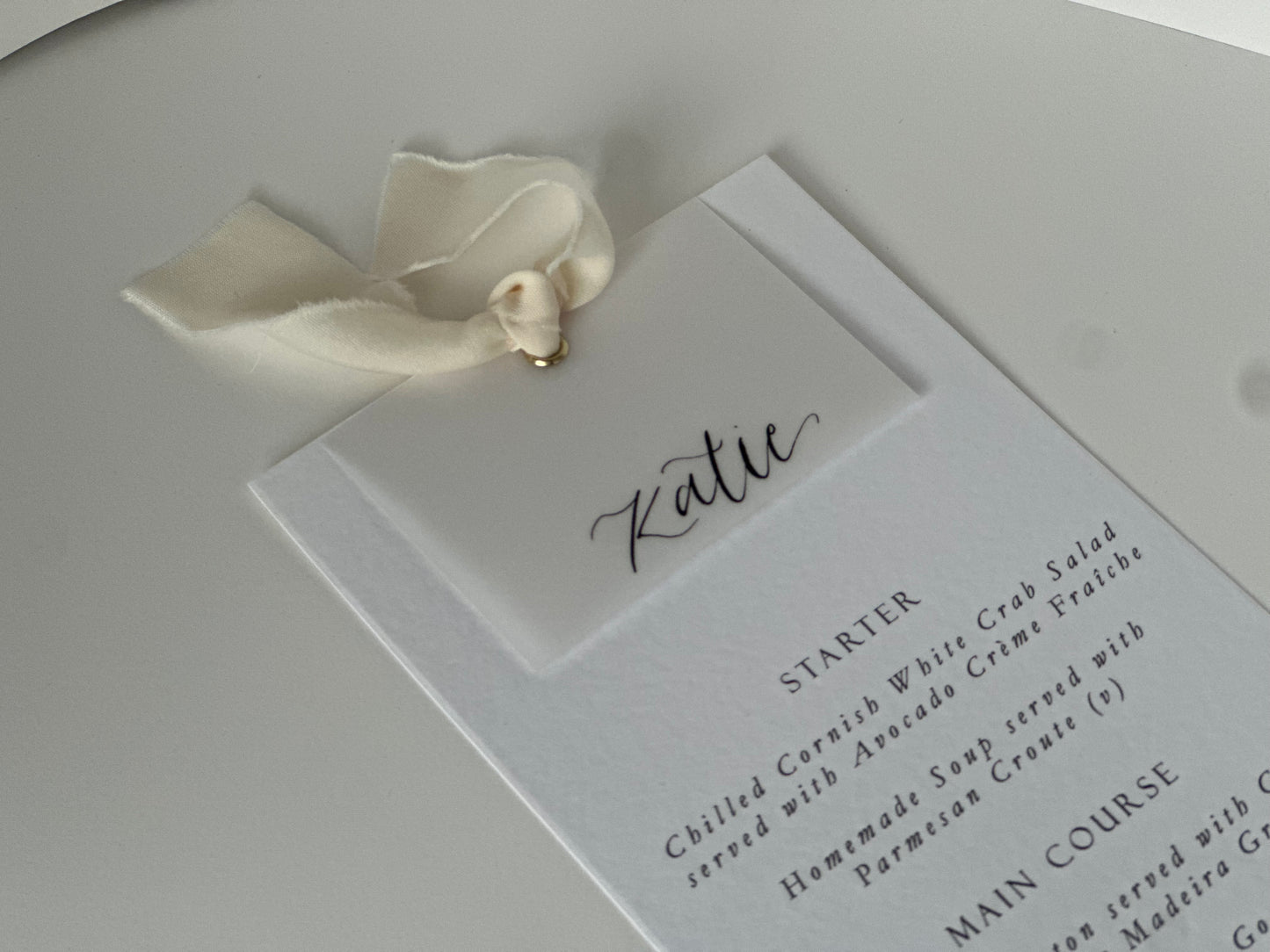 Place Card Wedding Menu with Ribbon | Hammered Skinny Printed Calligraphy Menu