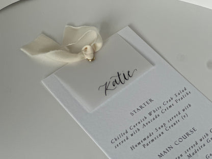 Place Card Wedding Menu with Ribbon | Hammered Skinny Printed Calligraphy Menu