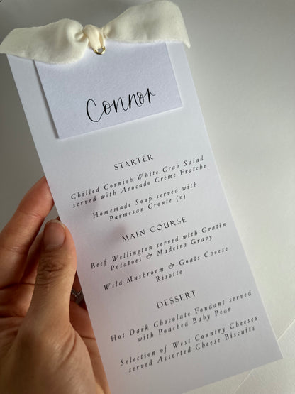 Place Card Wedding Menu with Ribbon | Skinny Printed Calligraphy Menu