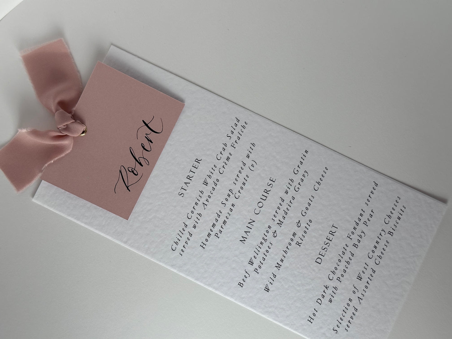 Place Card Wedding Menu with Ribbon | Hammered Skinny Printed Calligraphy Menu