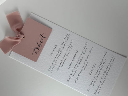 Place Card Wedding Menu with Ribbon | Hammered Skinny Printed Calligraphy Menu
