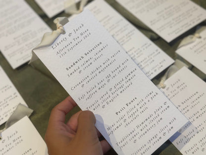 Printed Calligraphy Ribbon Skinny  Menu Card | Custom Printed Calligraphy Wedding Menu Skinny Card | Gold or Silver Eyelet Menu