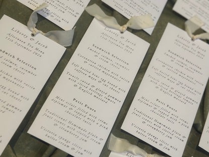 Printed Calligraphy Ribbon Skinny  Menu Card | Custom Printed Calligraphy Wedding Menu Skinny Card | Gold or Silver Eyelet Menu