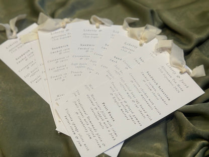 Printed Calligraphy Ribbon Skinny  Menu Card | Custom Printed Calligraphy Wedding Menu Skinny Card | Gold or Silver Eyelet Menu