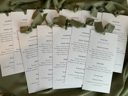 EUCALYPTUS Chiffon Ribbon Printed Skinny Menu Card | Custom Printed Calligraphy Wedding Menu Skinny Card | Gold or Silver Eyelet Menu
