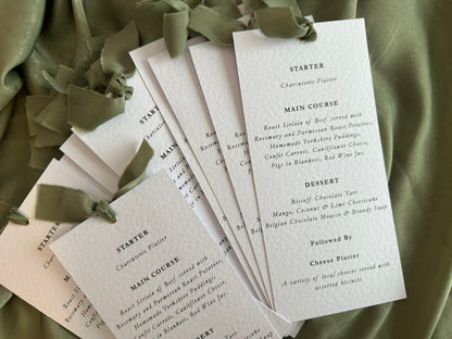 EUCALYPTUS Chiffon Ribbon Printed Skinny Menu Card | Custom Printed Calligraphy Wedding Menu Skinny Card | Gold or Silver Eyelet Menu