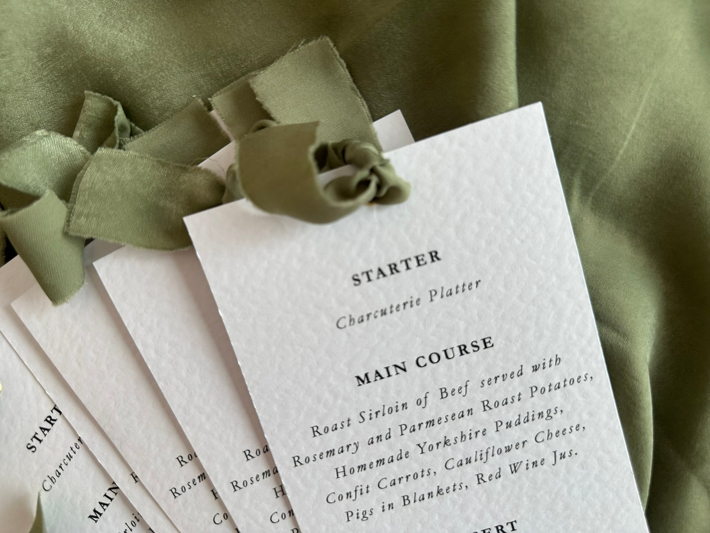 EUCALYPTUS Chiffon Ribbon Printed Skinny Menu Card | Custom Printed Calligraphy Wedding Menu Skinny Card | Gold or Silver Eyelet Menu
