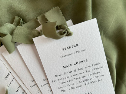 EUCALYPTUS Chiffon Ribbon Printed Skinny Menu Card | Custom Printed Calligraphy Wedding Menu Skinny Card | Gold or Silver Eyelet Menu