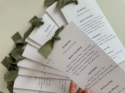 EUCALYPTUS Chiffon Ribbon Printed Skinny Menu Card | Custom Printed Calligraphy Wedding Menu Skinny Card | Gold or Silver Eyelet Menu