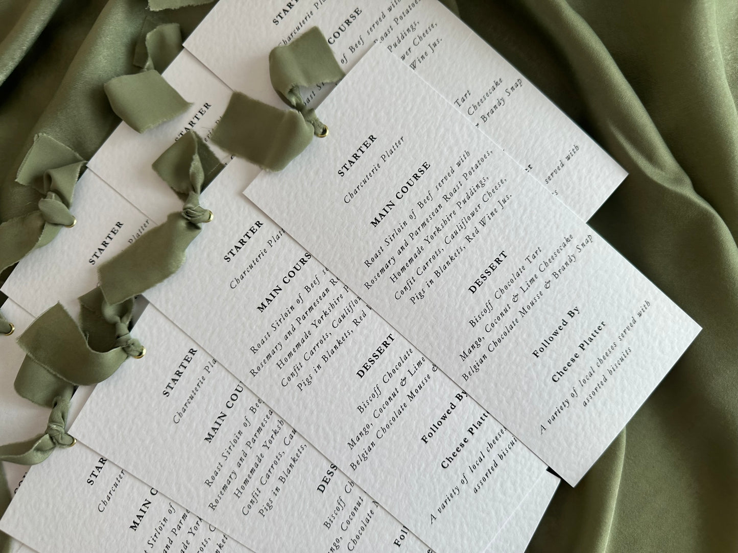 EUCALYPTUS Chiffon Ribbon Printed Skinny Menu Card | Custom Printed Calligraphy Wedding Menu Skinny Card | Gold or Silver Eyelet Menu