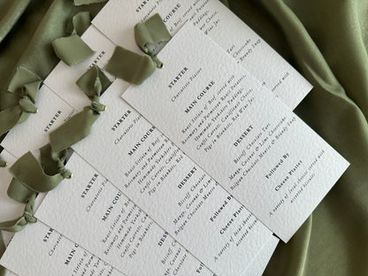 EUCALYPTUS Chiffon Ribbon Printed Skinny Menu Card | Custom Printed Calligraphy Wedding Menu Skinny Card | Gold or Silver Eyelet Menu