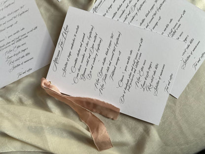 BLUSH Chiffon Ribbon Printed Calligraphy Ribbon A5 A6 Menu Card | Custom Printed Calligraphy Wedding Menu Skinny Card | Gold or Silver Eyelet Menu