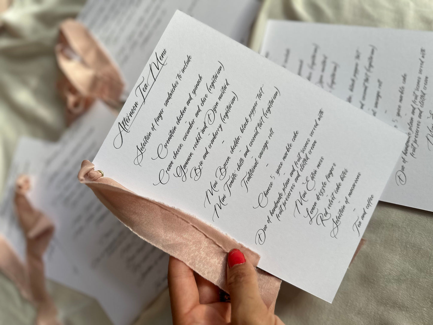 BLUSH Chiffon Ribbon Printed Calligraphy Ribbon A5 A6 Menu Card | Custom Printed Calligraphy Wedding Menu Skinny Card | Gold or Silver Eyelet Menu