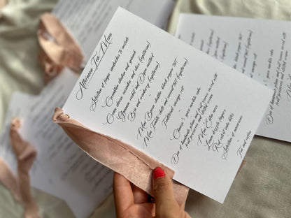 BLUSH Chiffon Ribbon Printed Calligraphy Ribbon A5 A6 Menu Card | Custom Printed Calligraphy Wedding Menu Skinny Card | Gold or Silver Eyelet Menu