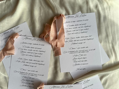 BLUSH Chiffon Ribbon Printed Calligraphy Ribbon A5 A6 Menu Card | Custom Printed Calligraphy Wedding Menu Skinny Card | Gold or Silver Eyelet Menu