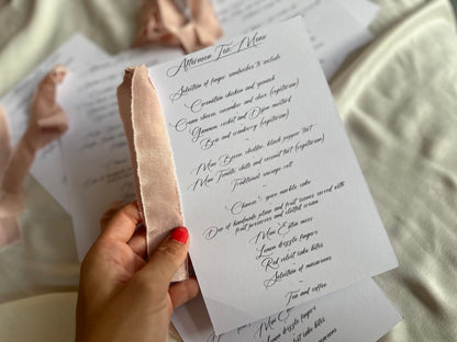 BLUSH Chiffon Ribbon Printed Calligraphy Ribbon A5 A6 Menu Card | Custom Printed Calligraphy Wedding Menu Skinny Card | Gold or Silver Eyelet Menu