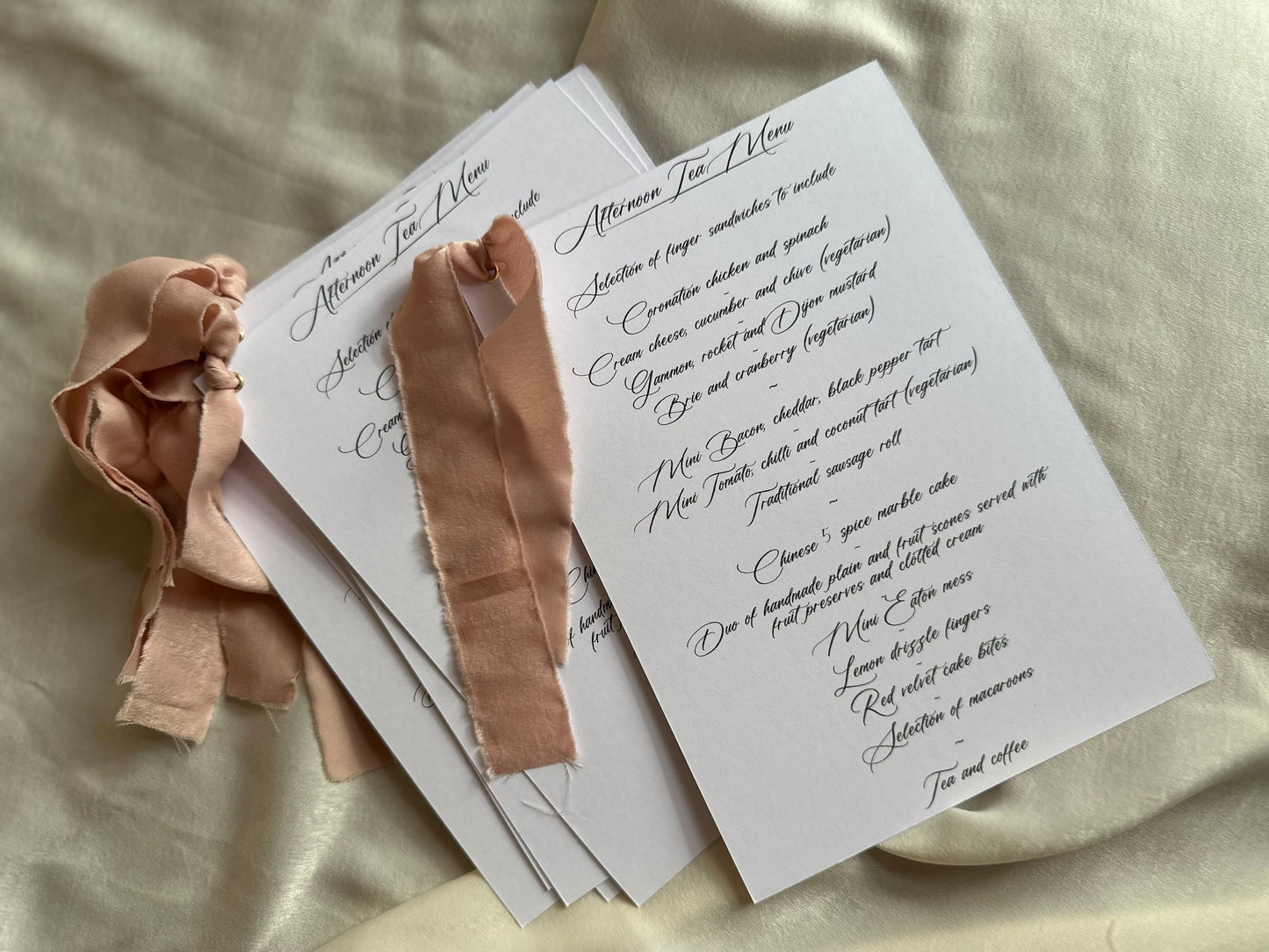 BLUSH Chiffon Ribbon Printed Calligraphy Ribbon A5 A6 Menu Card | Custom Printed Calligraphy Wedding Menu Skinny Card | Gold or Silver Eyelet Menu