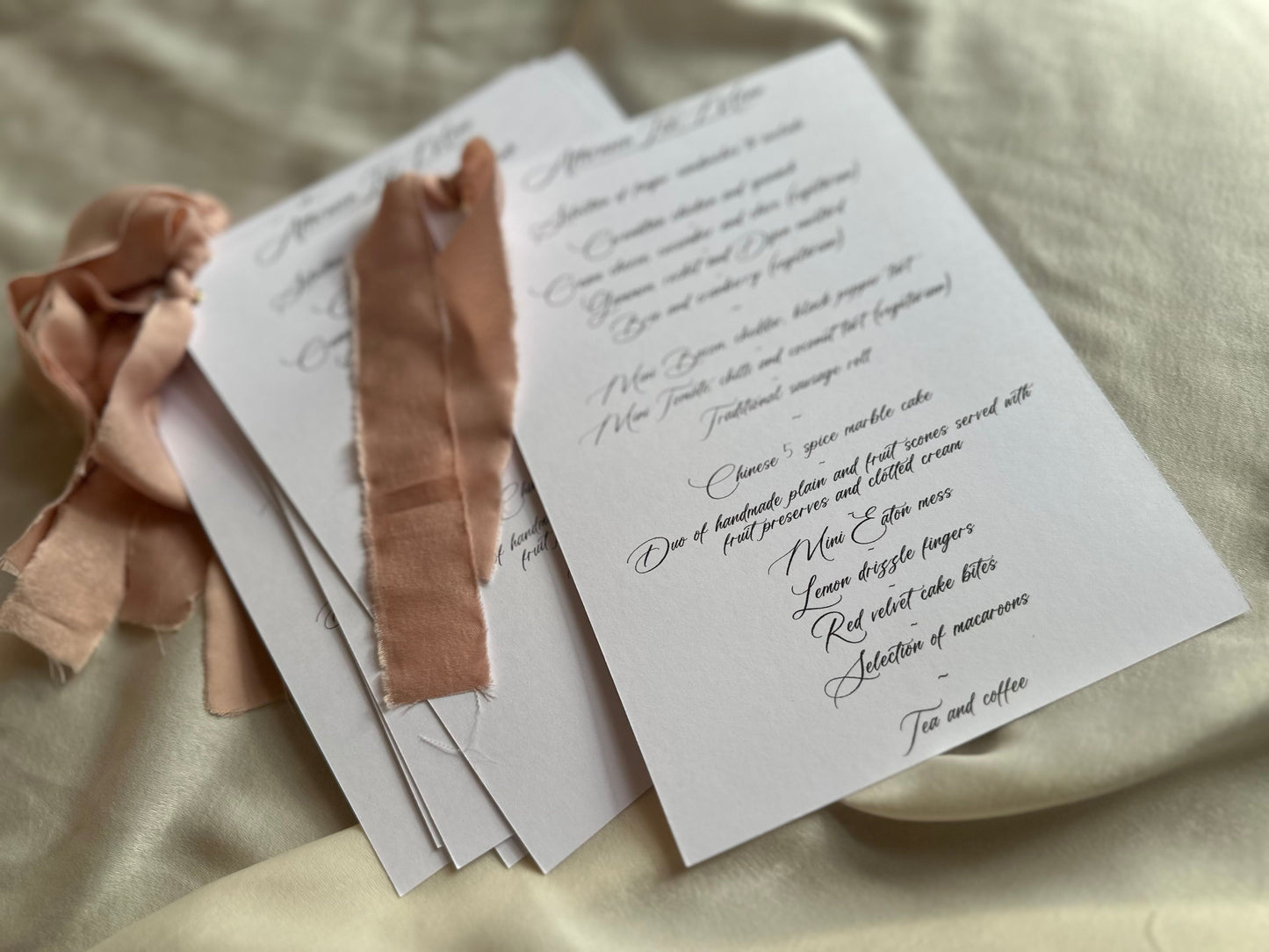BLUSH Chiffon Ribbon Printed Calligraphy Ribbon A5 A6 Menu Card | Custom Printed Calligraphy Wedding Menu Skinny Card | Gold or Silver Eyelet Menu