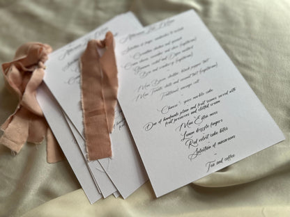 BLUSH Chiffon Ribbon Printed Calligraphy Ribbon A5 A6 Menu Card | Custom Printed Calligraphy Wedding Menu Skinny Card | Gold or Silver Eyelet Menu