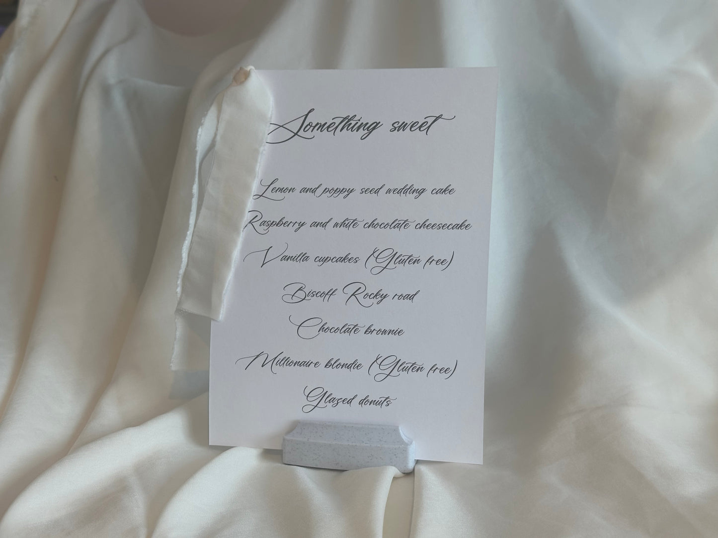 CHAMPAGNE Chiffon Ribbon Printed Calligraphy Ribbon A5 A6 Menu Card | Custom Printed Calligraphy Wedding Menu Skinny Card | Gold or Silver Eyelet Menu