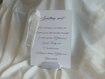 CHAMPAGNE Chiffon Ribbon Printed Calligraphy Ribbon A5 A6 Menu Card | Custom Printed Calligraphy Wedding Menu Skinny Card | Gold or Silver Eyelet Menu