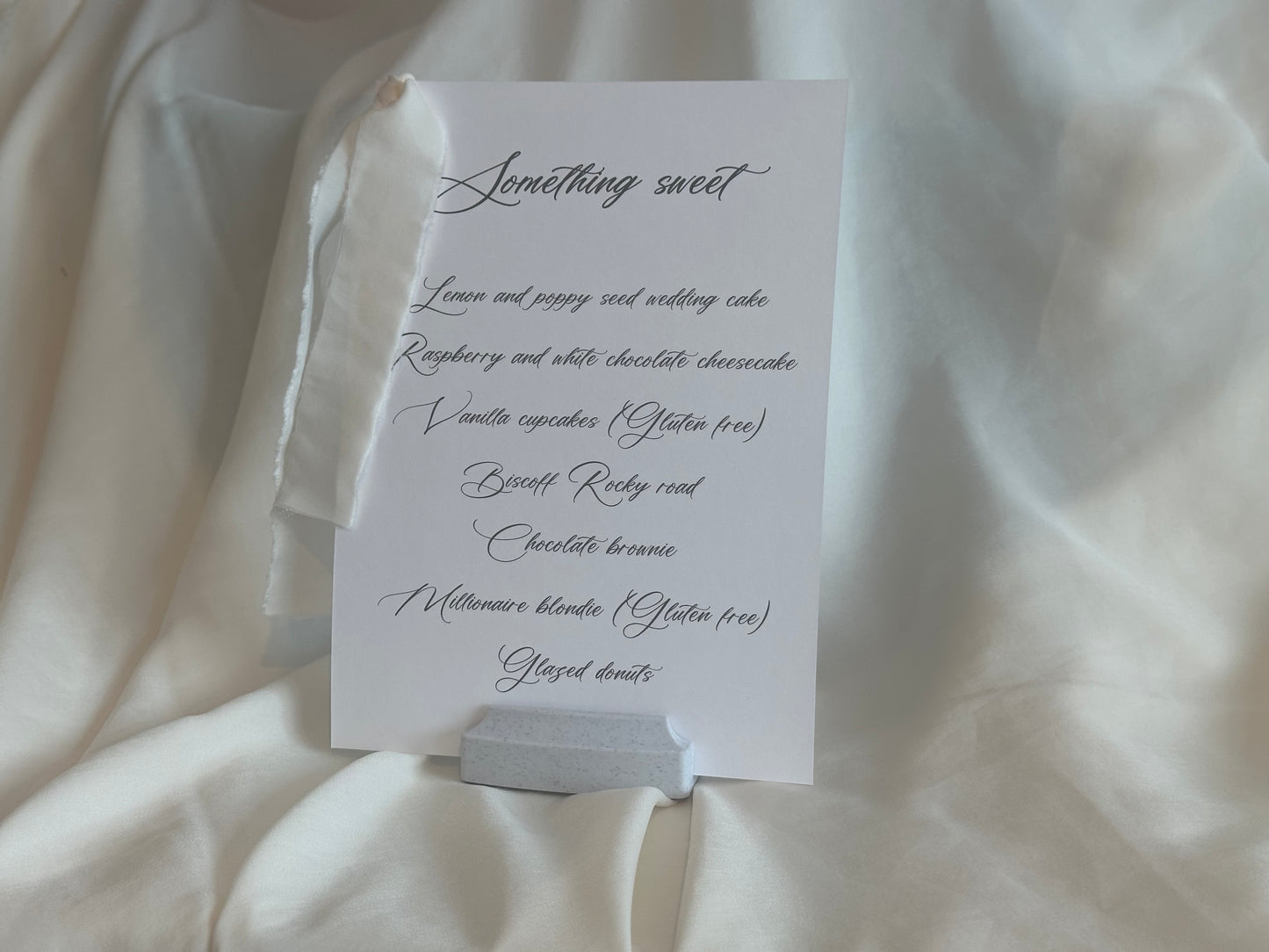 CHAMPAGNE Chiffon Ribbon Printed Calligraphy Ribbon A5 A6 Menu Card | Custom Printed Calligraphy Wedding Menu Skinny Card | Gold or Silver Eyelet Menu